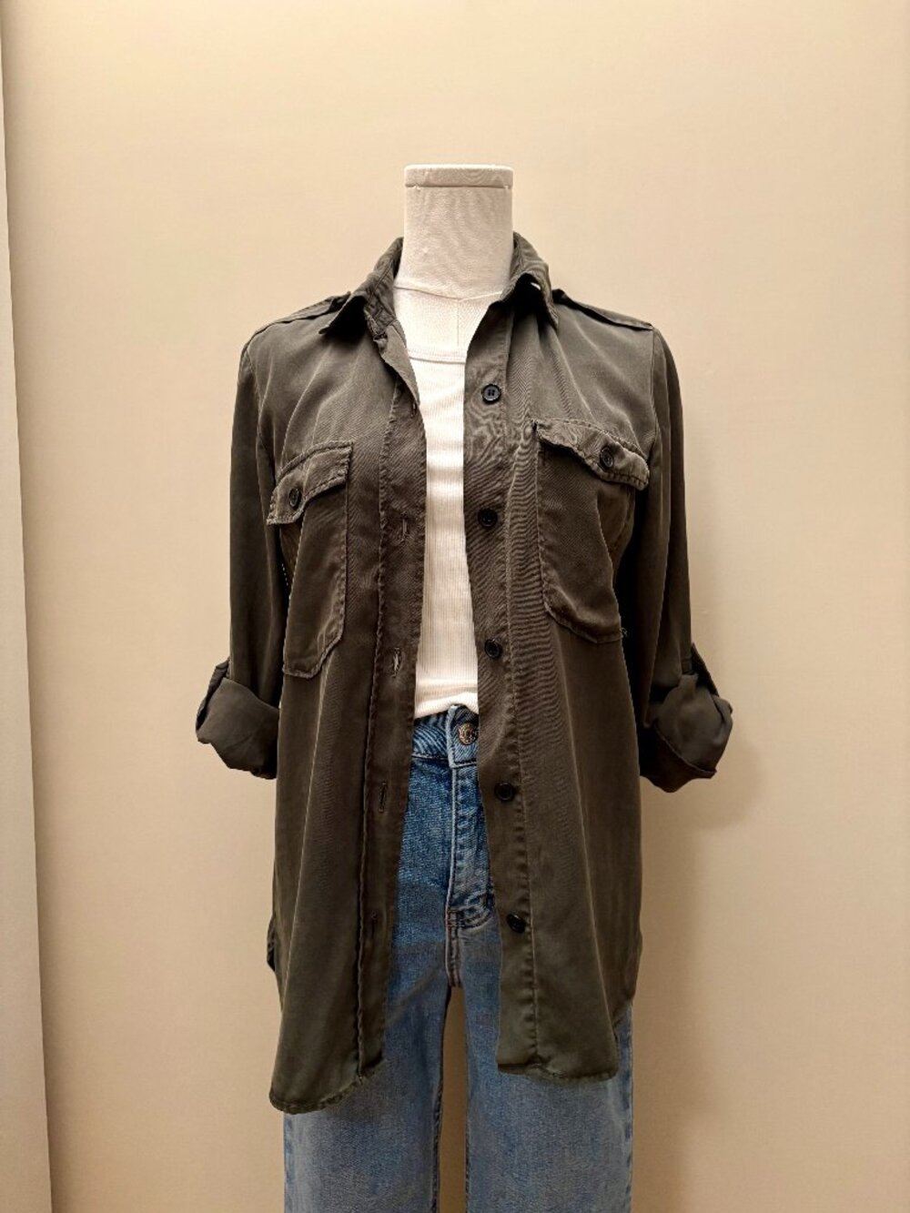 Zara Olive Botton-Up Utility Shirt